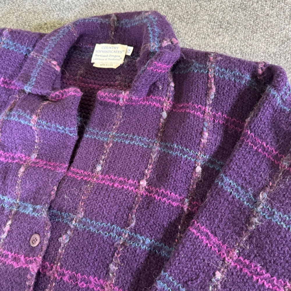 Country Sophisticates Cardigan Women‎ XL Plaid Knit Button Up Purple Vintage USA